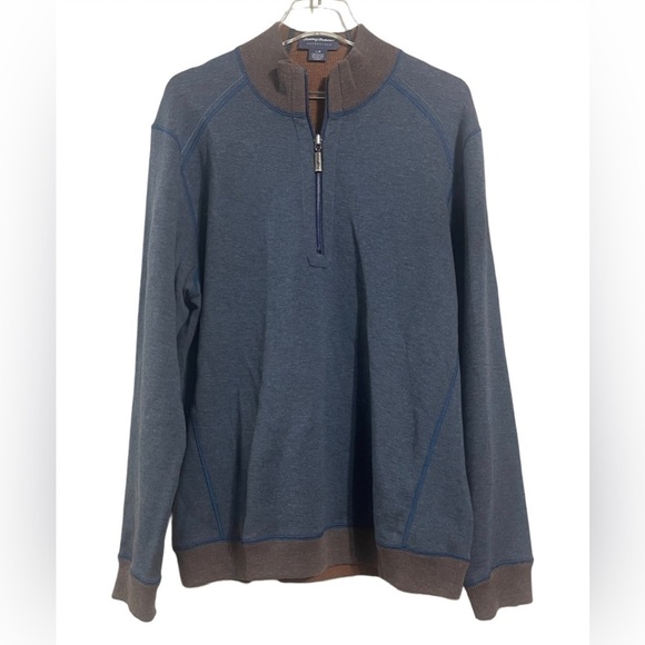 Tommy Bahama Cotton Blend Blue and Orange Reversible Quarter Zip Pullover - Picture 1 of 6